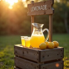 Lemonade stand with pitcher and lemons in sunlight on grass
