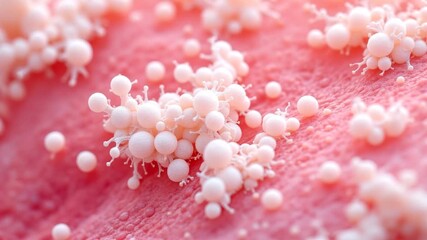 Candida auris yeast colonizing human skin surface. Microscopic view of Candida auris yeast cells adhering to epidermis and causing infection, forming biofilm and releasing extracellular matrix on skin