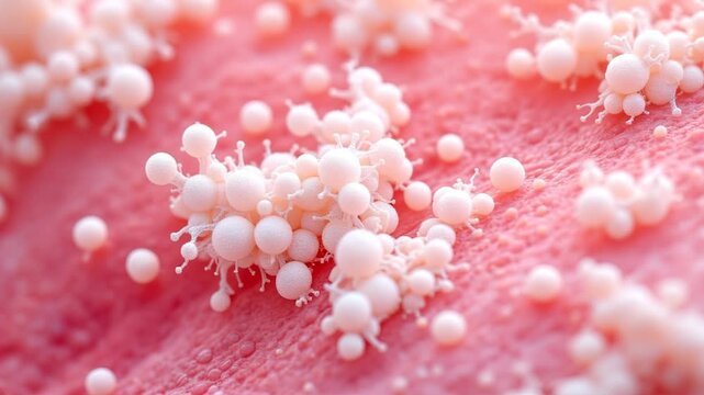 Candida auris yeast colonizing human skin surface. Microscopic view of Candida auris yeast cells adhering to epidermis and causing infection, forming biofilm and releasing extracellular matrix on skin