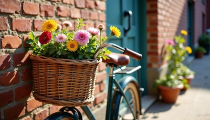 Vintage bicycle with flower basket near brick wall in sunlight