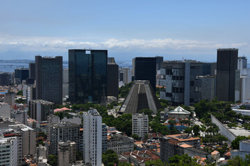 Obraz premium View of Rio city center, including the Cathedral, from the Parque das Ruínas cultural center, Santa Teresa neighborhood, Rio de Janeiro, Brazil 