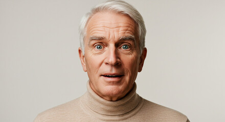Portrait of an older gentleman with light hair and a surprised expression wearing a tan turtleneck sweater against a neutral background.