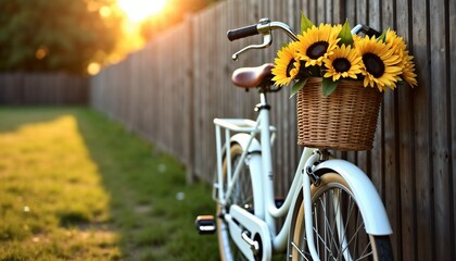 White bicycle with sunflower basket by wooden fence at sunset