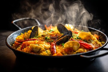 Steaming hot seafood paella with shrimp, mussels, and clams.
