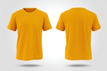Two views of a vibrant golden yellow t-shirt on a neutral background. Simple style.