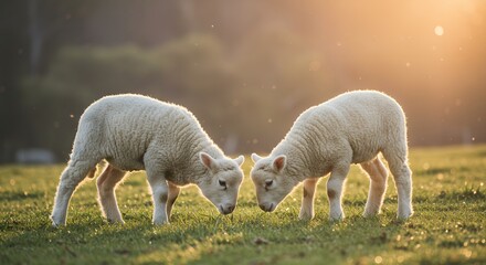 Naklejka premium Two Lambs Grazing on Green Grass at Sunset in a Field