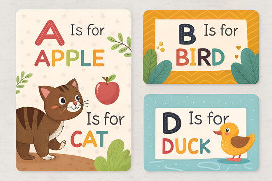 Colorful A-Z alphabet flashcards for kids with bold letters, fun words, and cartoon illustrations. Perfect for early literacy, homeschooling, and educational games. Designed on a soft pastel backgroun