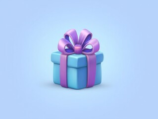 Obraz premium A cute blue gift box with a purple ribbon against a soft blue background, symbolizing celebration and surprise.