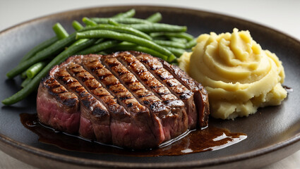 A perfectly seared filet mignon, glistening with rich pan juices, served alongside creamy mashed potatoes and tender green beans on a dark plate.