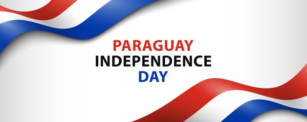 Text Paraguay Independence Day and Paraguayan flags as ribbons on white background, simple minimalist banner design.