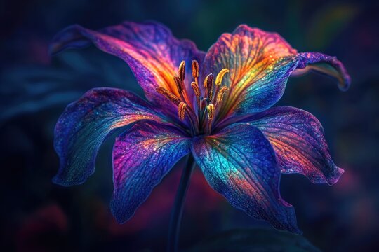A vibrant, iridescent lily blossom glows with otherworldly colors, a cosmic flower in the dark.