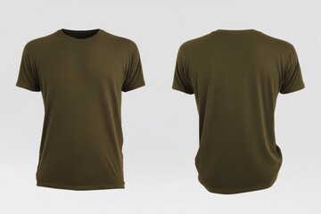 Olive drab t-shirt, shown in front and back views, isolated on white backdrop.