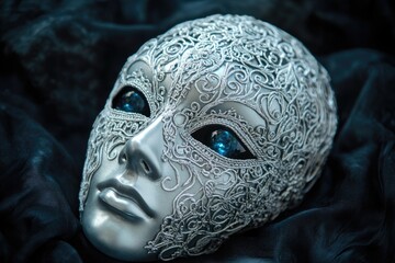 An elegant silver masquerade mask with intricate lace detailing and blue eyes rests on dark fabric.