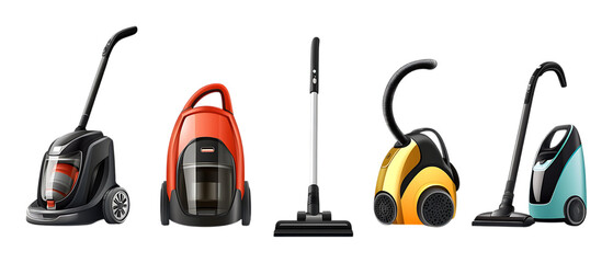Fototapeta premium A collection of five various models of modern upright and canister vacuum cleaners are shown together isolated on transparent background.