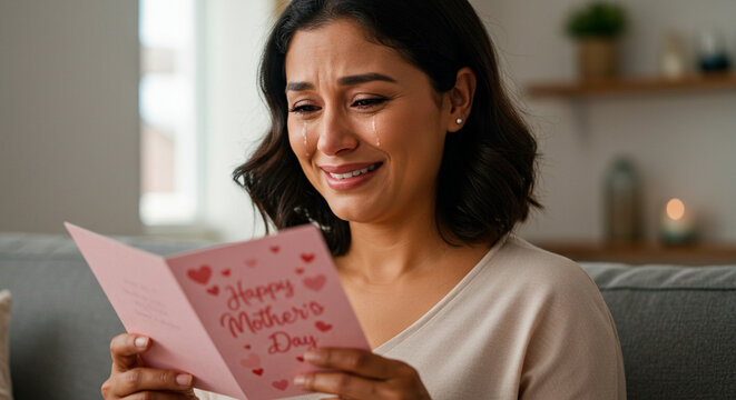Emotional woman tearing up while reading heartfelt greeting card with "Happy Mother's Day" message, overwhelmed by love and gratitude. Nostalgic remembrance.
