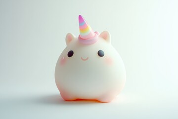 Adorable 3D render of a chubby, smiling unicorn with a rainbow horn, against a white background.