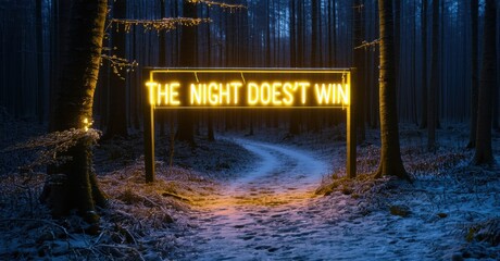 Soft yellow neon night doesn t win in thick font glowing over frozen forest path lit by broken trail markers and cold silence