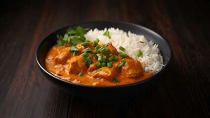 Indian butter chicken curry served with basmati rice in a black bowl, placed in the lower right corner of the frame, garnished with fresh herbs, rich and creamy texture visible, dark rustic background