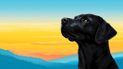 Black Dog Silhouette at Sunset Over Misty Blue Mountains