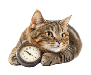 Curious cat observing time with clock cozy home pet environment. Isolated on transparent background, png.