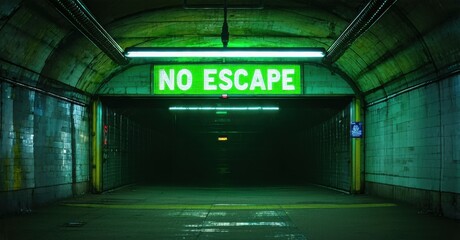 Subway tunnel entrance with flickering neon no escape sign glowing in eerie green deep navy and bright silver symbolizing fear and entrapment