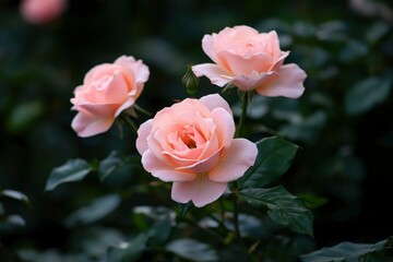 Delicate peach roses in garden