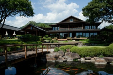 Obraz premium Japanese-style estate with pond and bridge