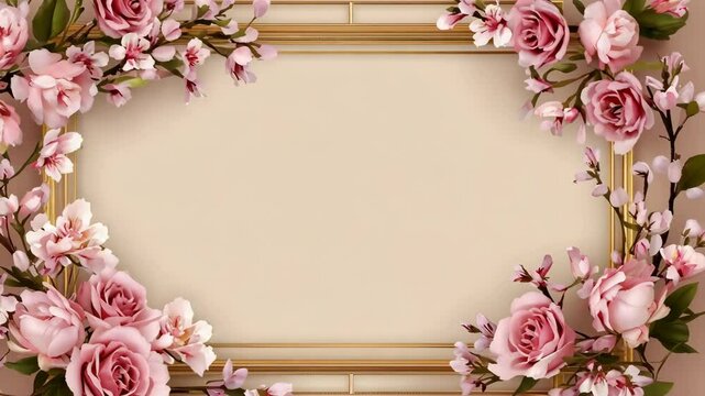 Elegant floral frame with pink roses and blossom branches, soft cream background, space for text and design, decorative border, botanical decoration