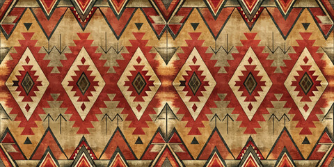 Colorful tribal pattern featuring geometric shapes in warm tones.