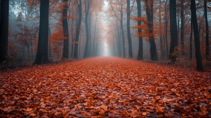 Autumnal forest path shrouded in mist
