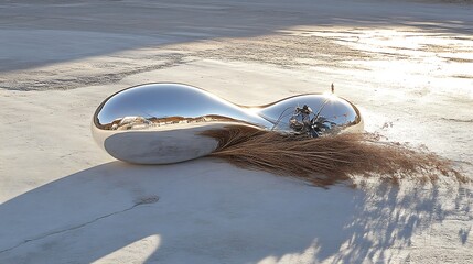 Shiny metallic sculpture resting on a white concrete surface with dried plants