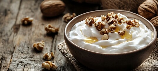 Fototapeta premium A bowl of fresh Greek yogurt topped with honey and walnuts