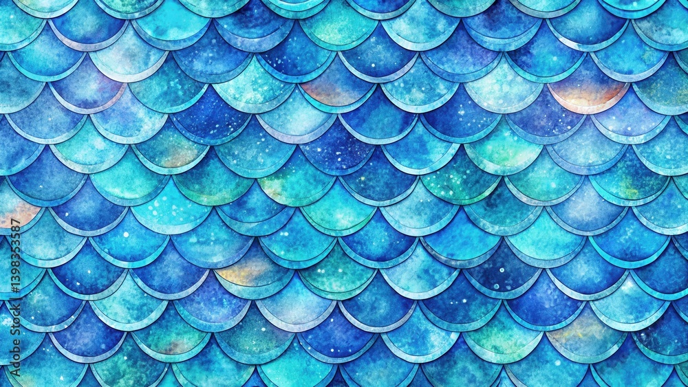 Poster a seamless pattern of aquatic scales in vibrant hues of blue, featuring a watercolor texture and sub
