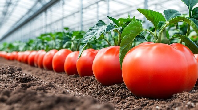 Ripe tomatoes growing in rows within a greenhouse.