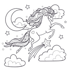 Beautiful unicorn flies in the sky among clouds and stars. Black and white linear drawing. Isolated on white background. For children's design of coloring books, prints, posters, cards, stickers etc. 