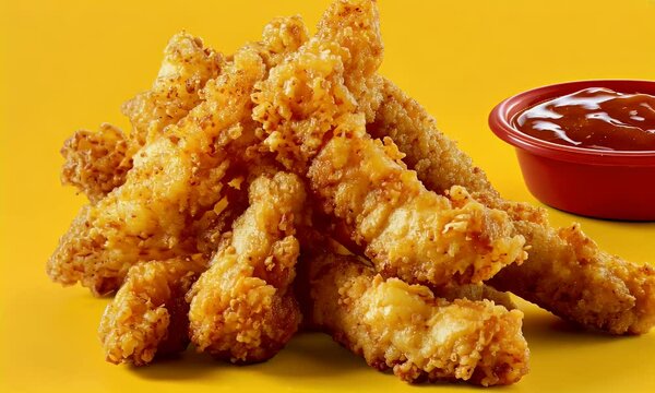 A pile of golden crispy chicken pieces served with a small bowl of dipping sauce on a bright yellow background, highlighting the crispy texture and appealing appearance of the dish.