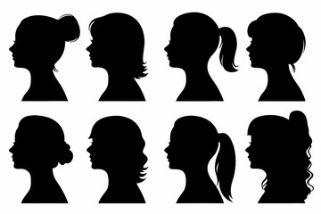 Silhouette Profile Set of Women&rsquo;s Heads &ndash; Black Female Side View Vector Collection with Various Hairstyles for Graphic Design and Icon Use