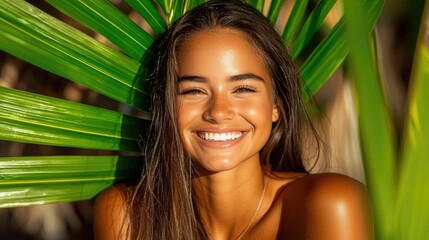 A beautiful woman smiles brightly amongst green palm leaves