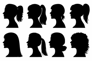 Silhouette Profile Set of Women&rsquo;s Heads &ndash; Black Female Side View Vector Collection with Various Hairstyles for Graphic Design and Icon Use