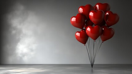 A bunch of red heart shaped balloons floating in a room