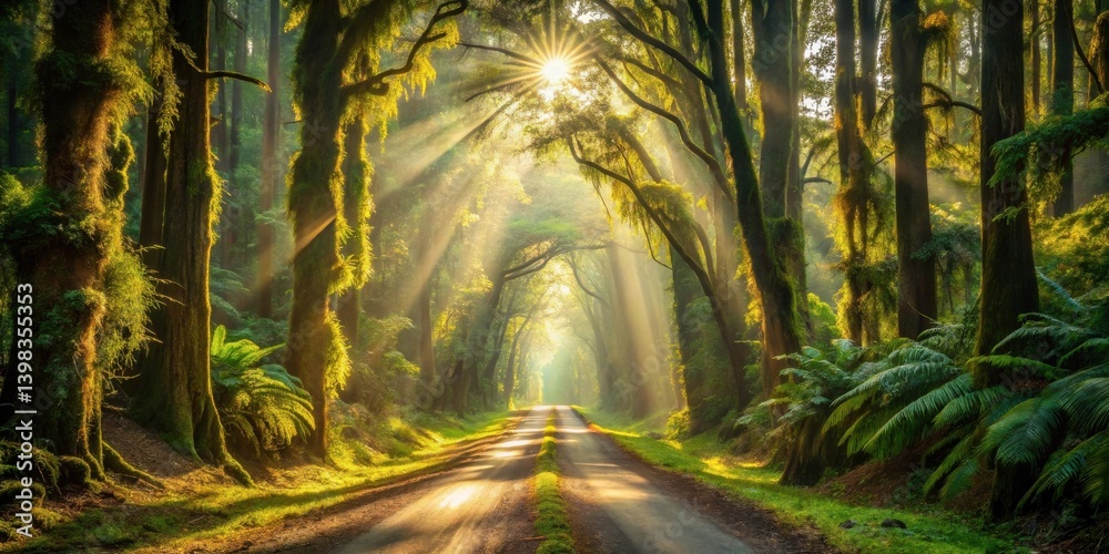 Aufkleber sunbeams illuminate a mystical forest road, lush greenery and ancient trees create a serene and magi
