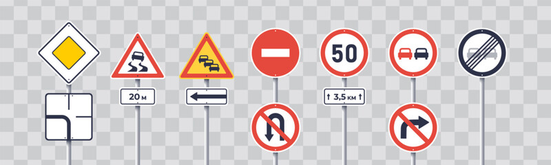 Traffic signs. International road signs set isolated on white background. Priority, warning, prohibition, information and supplementary signs. Vector illustration. © Ihor