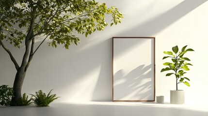 Serene minimalist interior design white background plant decor modern art calm environment creative space