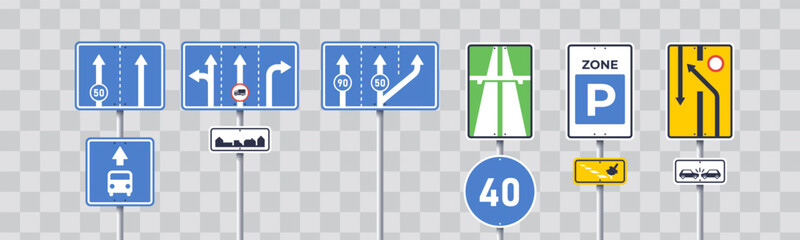 Traffic signs. International road signs set isolated on white background. Information signs. Vector illustration. Expressway, direction lanes, parking zone, public transport, speed limit.