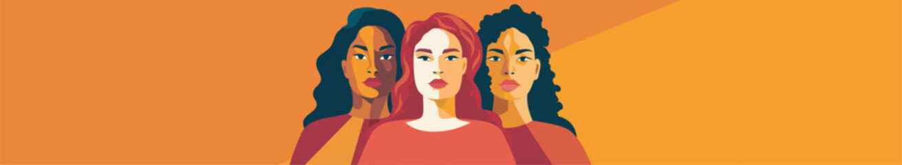Women's day. Vector horizontal banner women of different cultures and nationalities stand together, symbol of friendship and unity. Fight for gender equality, women's empowerment. For women's projects