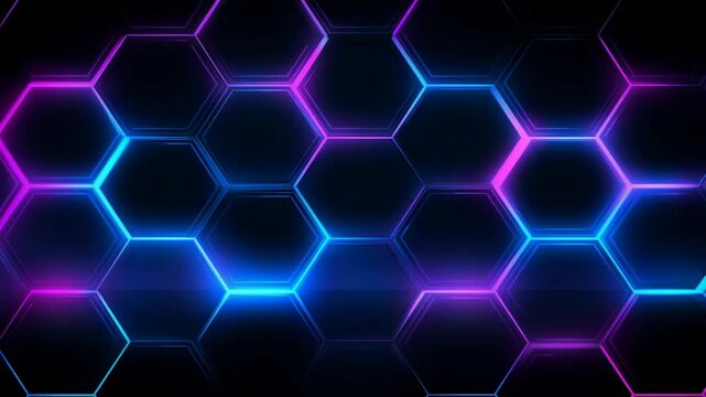 Glowing hexagon grid pattern with neon blue and pink lights on dark background