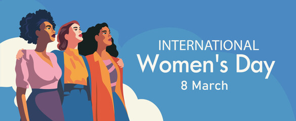 Women's Day. Vector banner with women of different nationalities and cultures standing together and looking up, symbol of friendship and unity. Gender equality, women empowerment. For women's projects