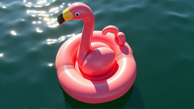 The image shows a pink flamingo floating on an inflatable ring in the water - Powered by Adobe