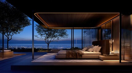 Modern bedroom with expansive views and contemporary interior design