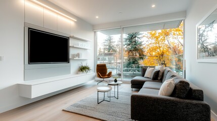 Fototapeta premium Modern living room with television and natural outdoor scenery